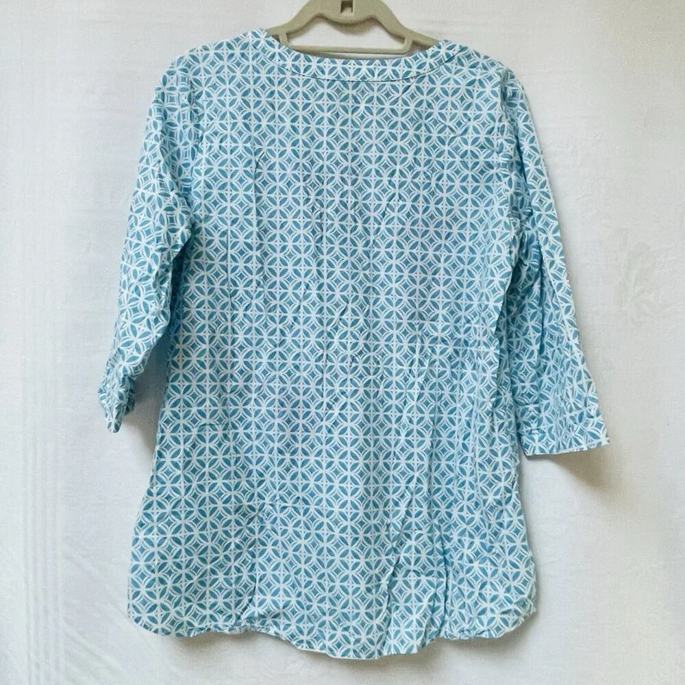 Pendleton Blouse Tunic Top Womens Medium Blue Cotton Pullover‎ 3/4 Sleeves Boho